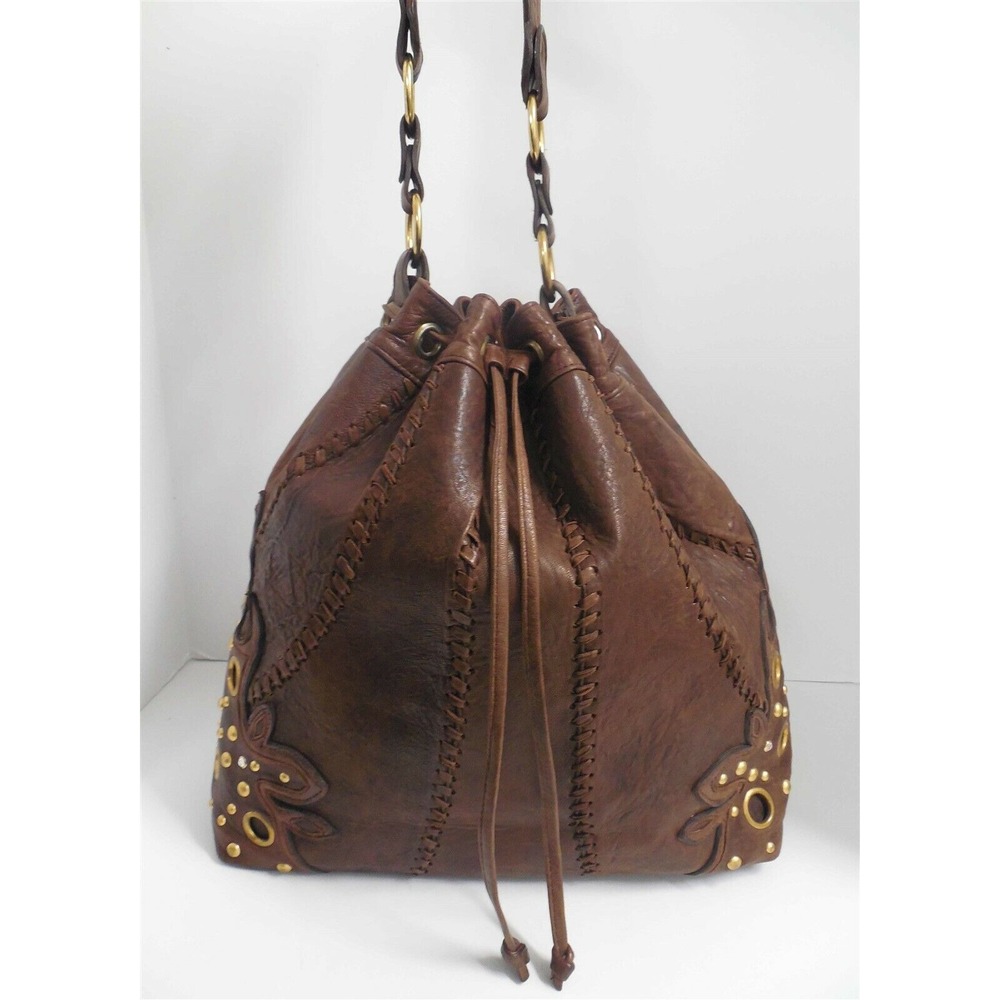 Treesje Brown Leather Whipstitch‎ Leather Studded Grommet Large Drawstring Bag